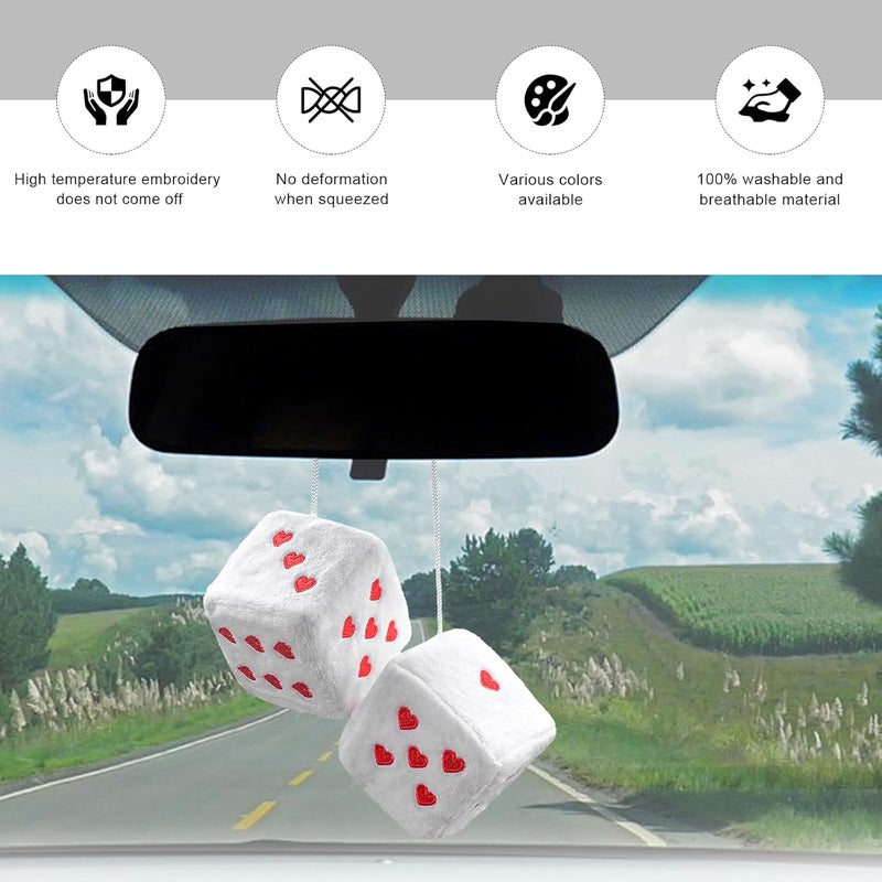 ZNDAW 2 PCS Fuzzy Plush Dice for Car Mirror, 2.75" Retro Square Heart Shape Car Rearview Mirror Cute Decor, Fluffy Dice Vehicle Hanging Ornament Decoration Interior for Women (White) - Image 4